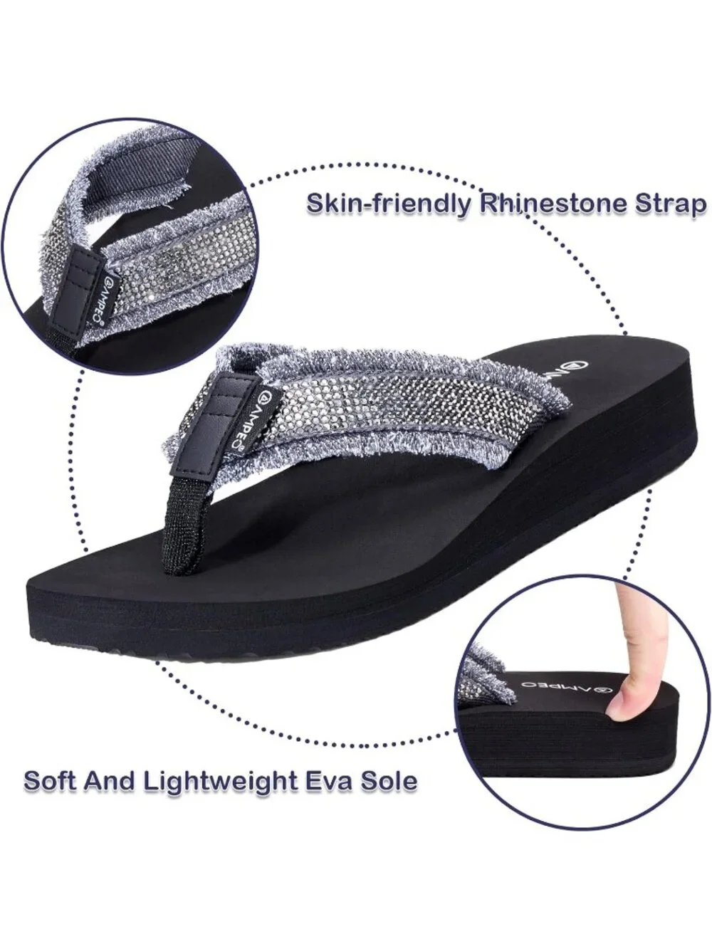 Women's Gemstone Black Metallic Comfortable Flip Flops Summer Beach Thong Sandal